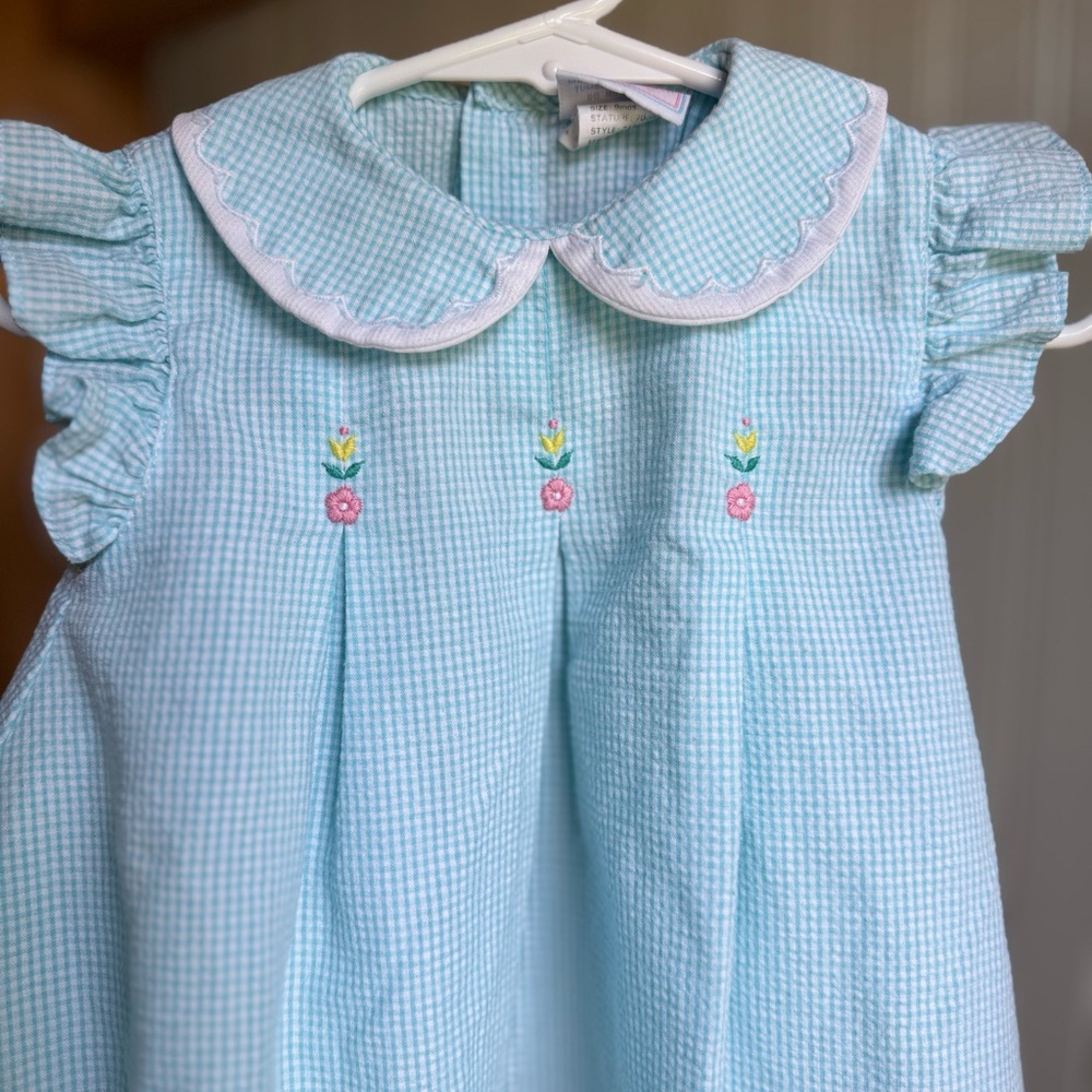 Blue Gingham Dress with Floral Embroidery 9m from Petit Ami